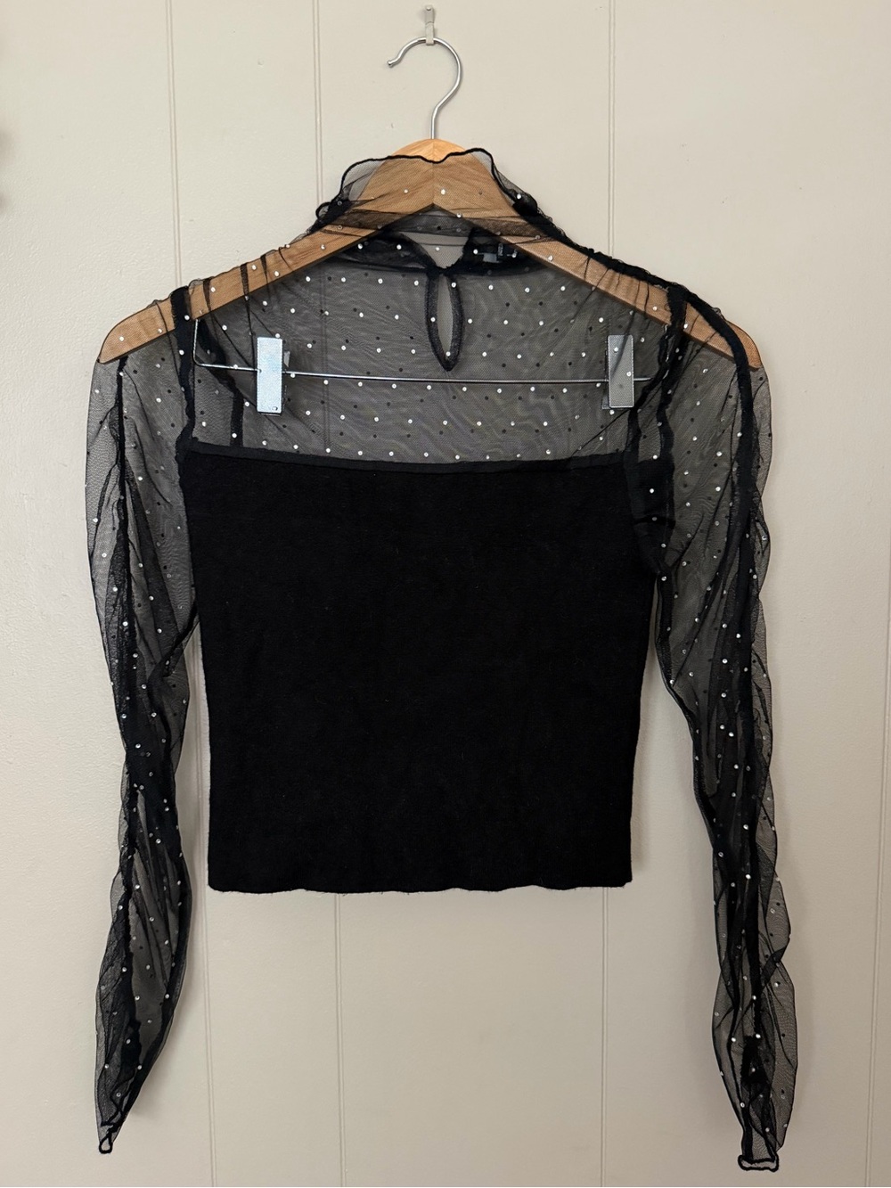 Forever 21 Knit Black Top Mesh Long Sleeve Rhinestones Size M